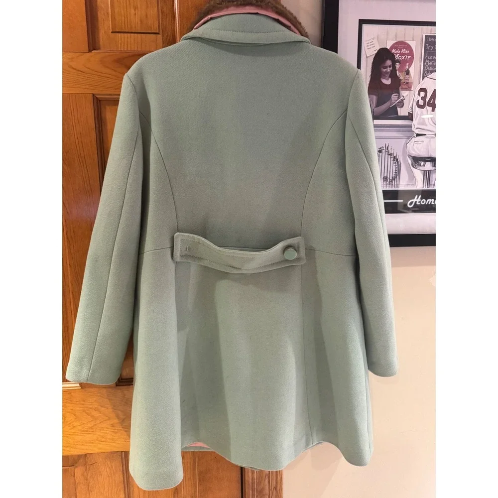 Kate Spade New York Seafoam Green Wool Blend Faux Fur Collar Coat XL K29775B - Picture 8 of 14